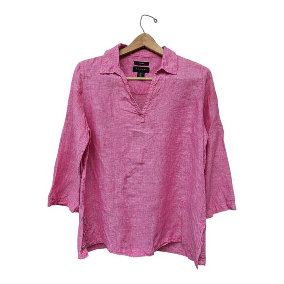 TAHARI 100% Linen Pink Tunic Top Buttons L Coastal Lagenlook Pullover - Picture 1 of 7